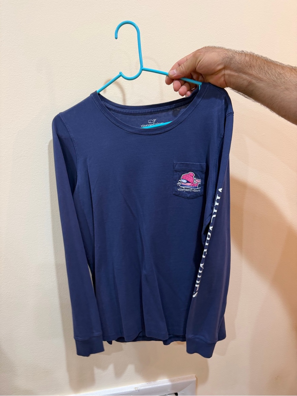 Vineyard Vines Navy Long-Sleeve Tee with Pink Whale Pocket Graphic